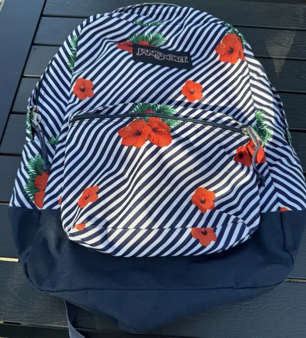 Jansport Backpack Tropical Flowers Bag Black White Stripes Navy Blue School Bag